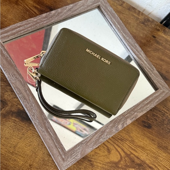 Michael Kors Handbags - Michael Kors Dark Green Wristlet with Gold Accents